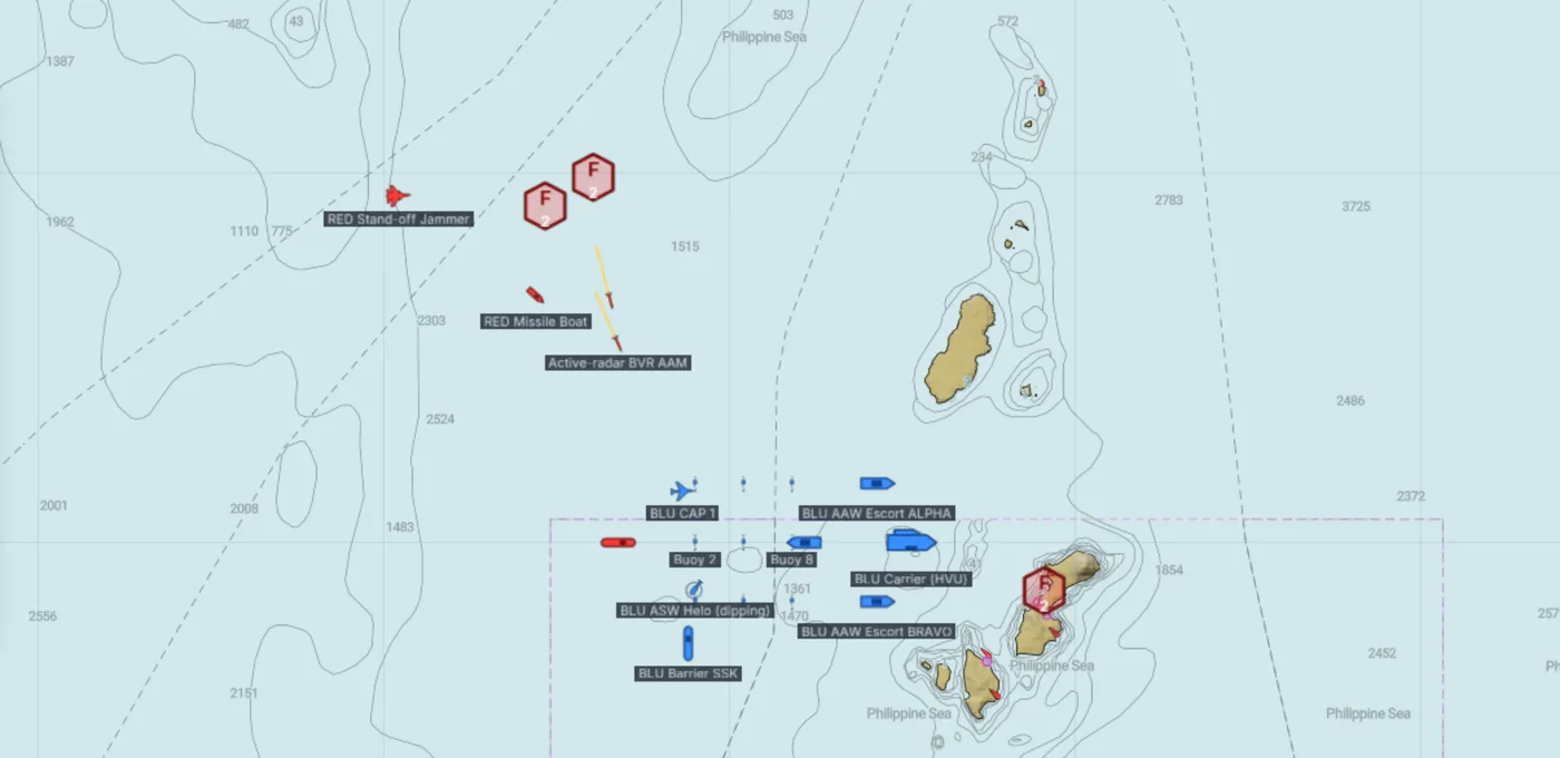 The Air Operations Trainer chart: a Red strike package with a stand-off jammer and a missile boat closing on a Blue carrier group, its escorts, combat air patrol, dipping helicopter, submarine and sonobuoy field among islands