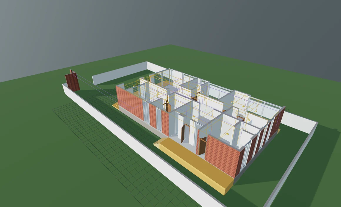 A house built from its DXF floor plan, on its plot inside its compound wall, with electrical and data runs threaded through it